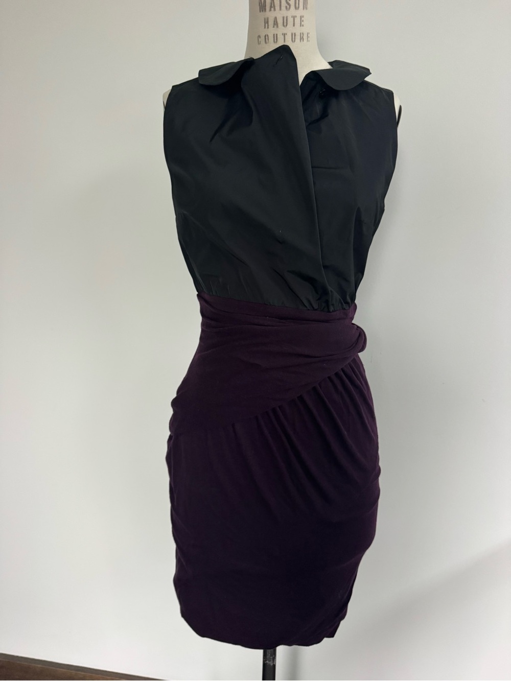 Carven Two-Tone Black Top w Deep Plum Draped Pencil Skirt like Knee Length Dress